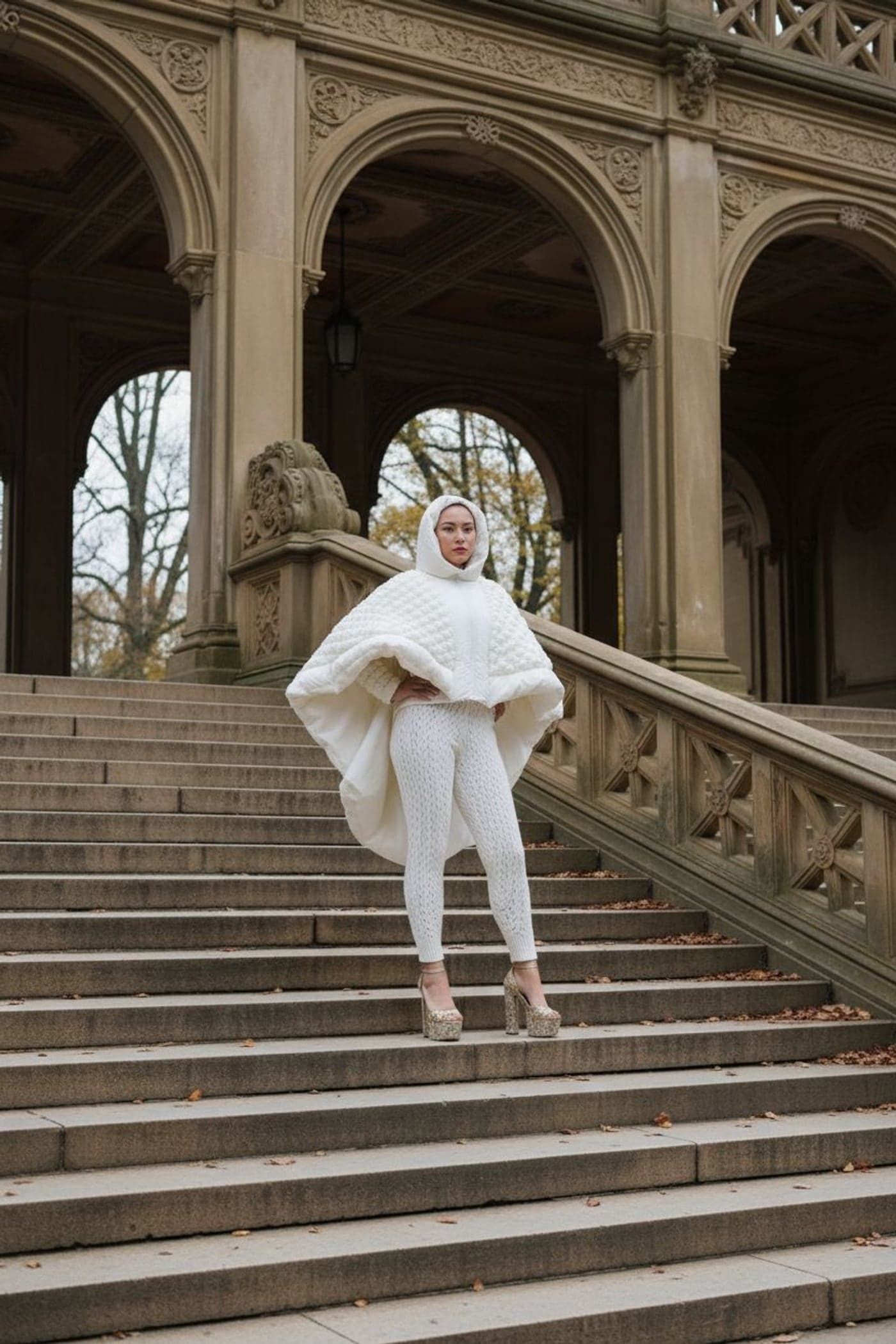 A white hooded capelet and cable-knit leggings, on the arcade steps at Bethesda Terrace