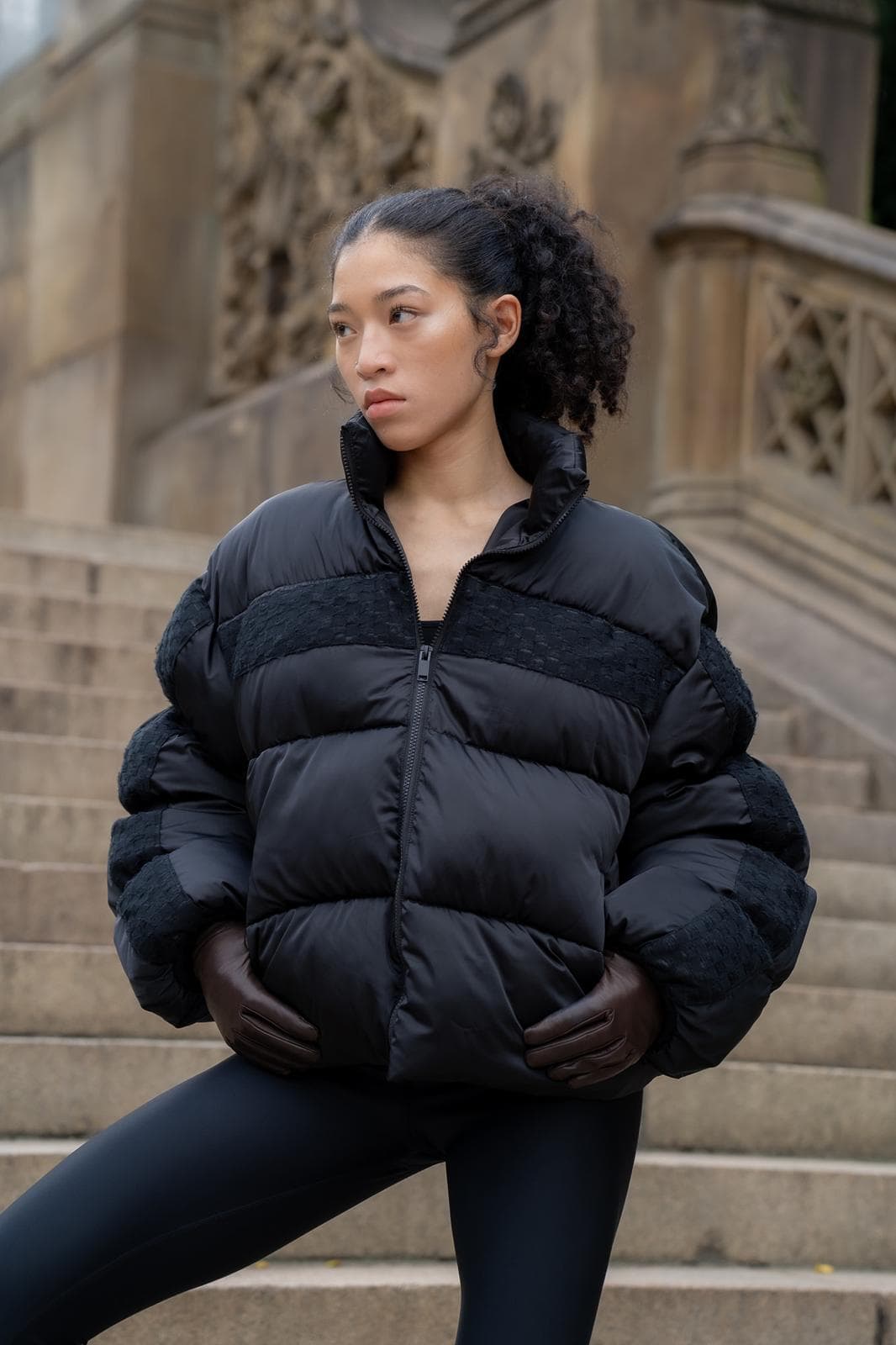 House of Nova Lightning Coat, a puffer with knit quilting panels