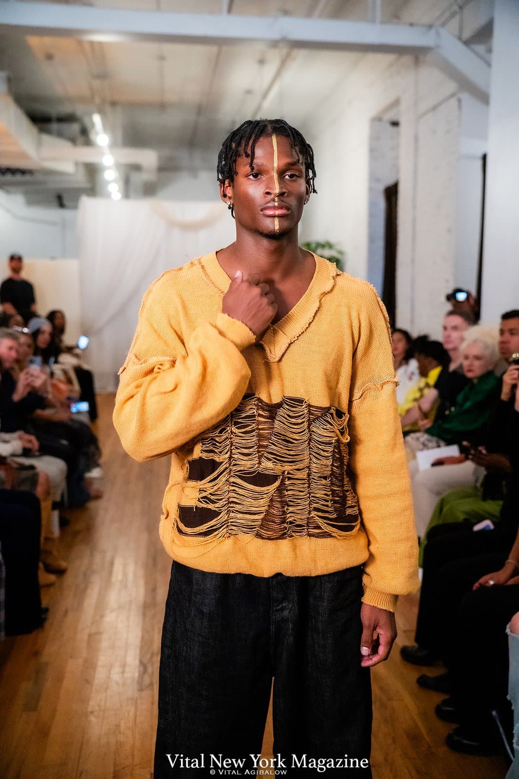 Reverse One Sweater worn. Shown in gold, which is sold out.