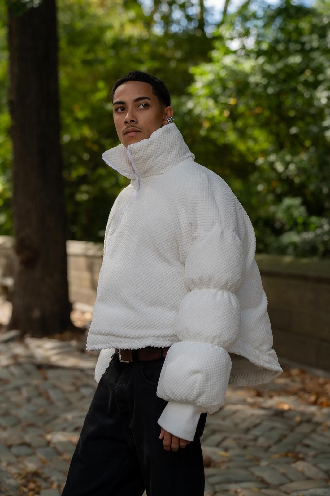 House of Nova Anchor Coat, a white textured puffer with a funnel neck