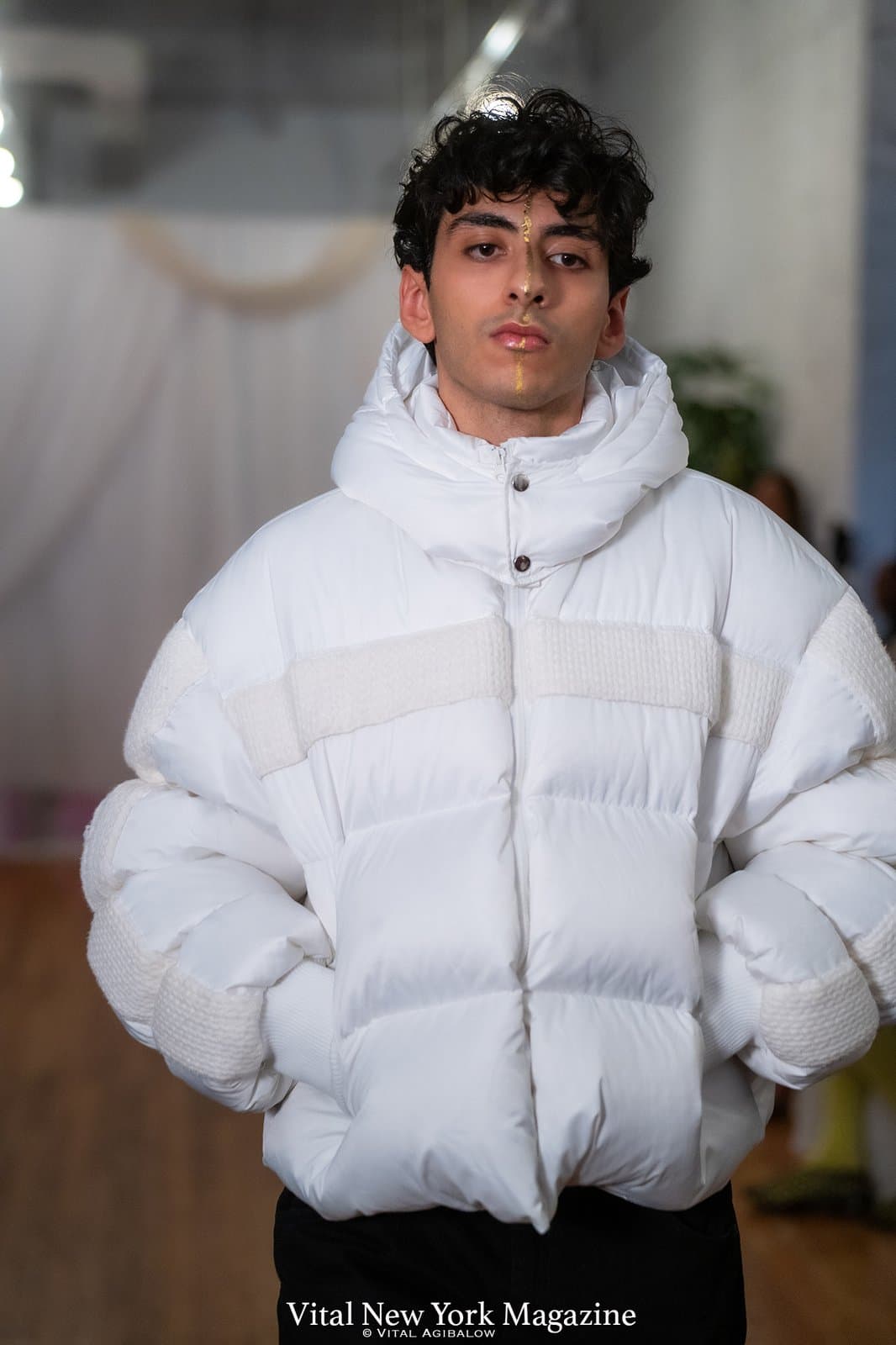 House of Nova Lightning Coat, a puffer with knit quilting panels