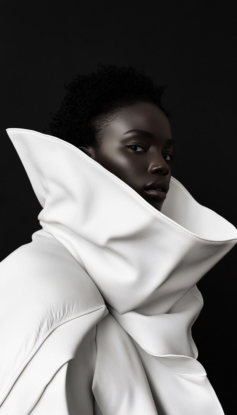 Black-and-white fashion portrait with a sculptural white collar