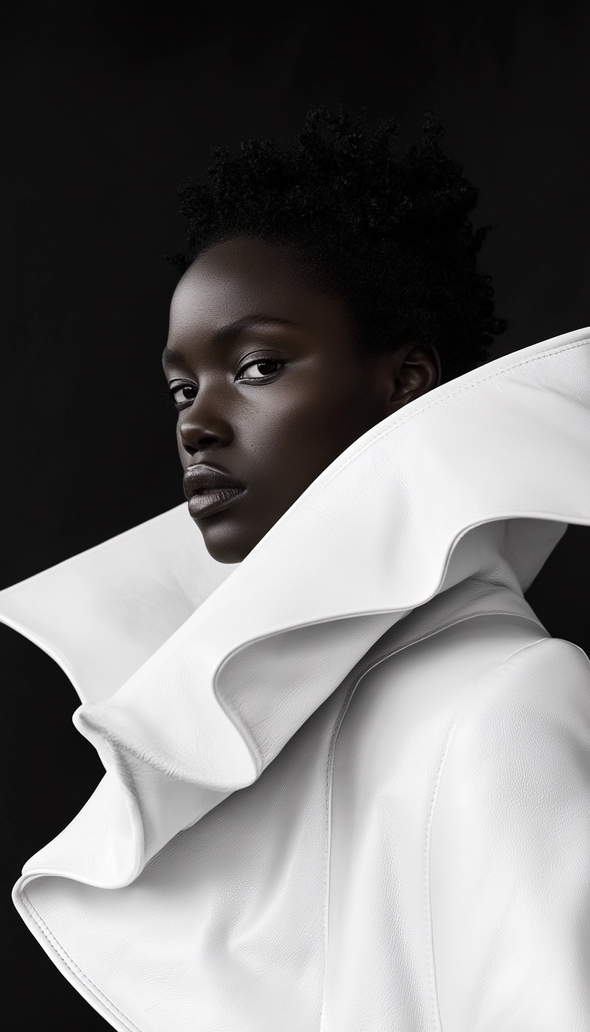 Close fashion portrait wrapped in sculptural white outerwear