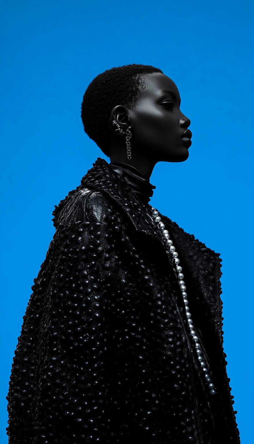 Black textured coat with pearls in a studio fashion portrait