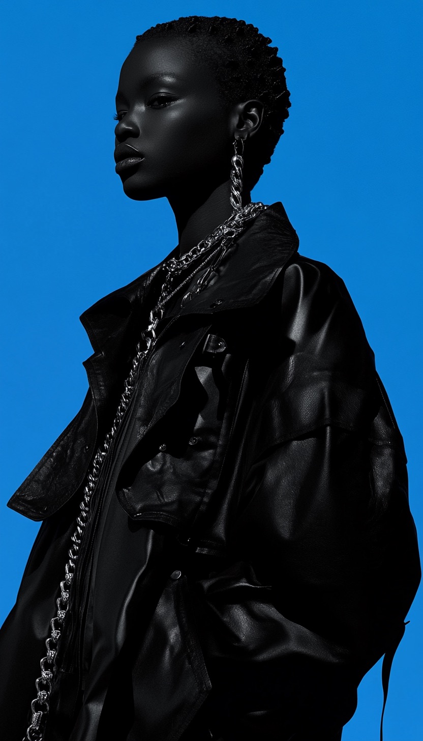 Black sculptural outerwear and chain detail in profile