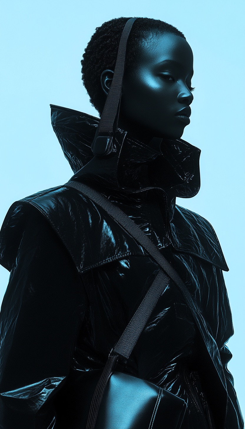 Glossy black outerwear with an oversized collar