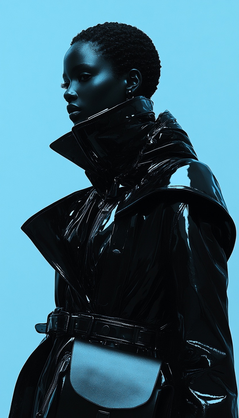 Black patent coat in a sculptural fashion portrait