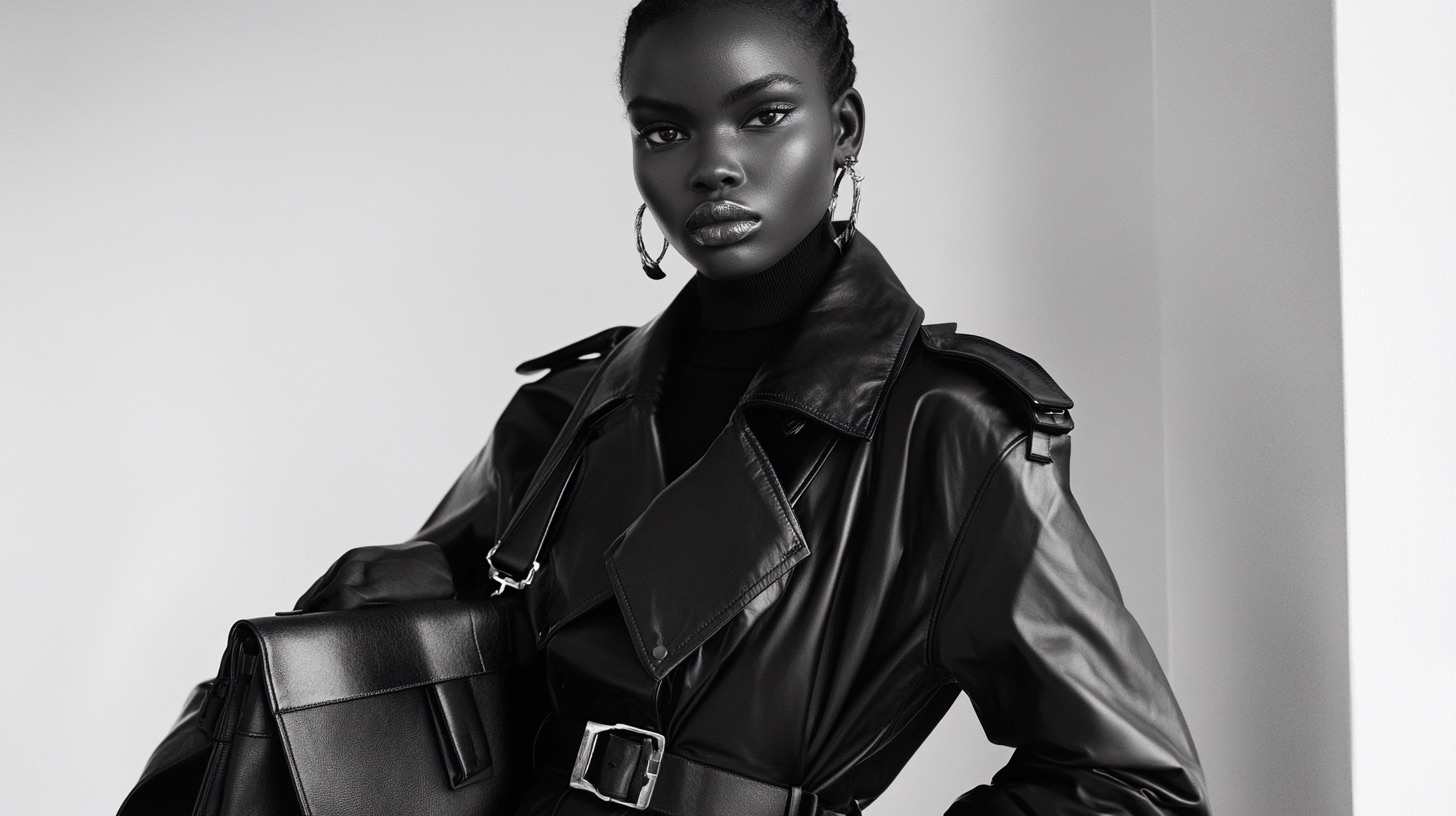 Black patent outerwear in profile against a pale blue ground